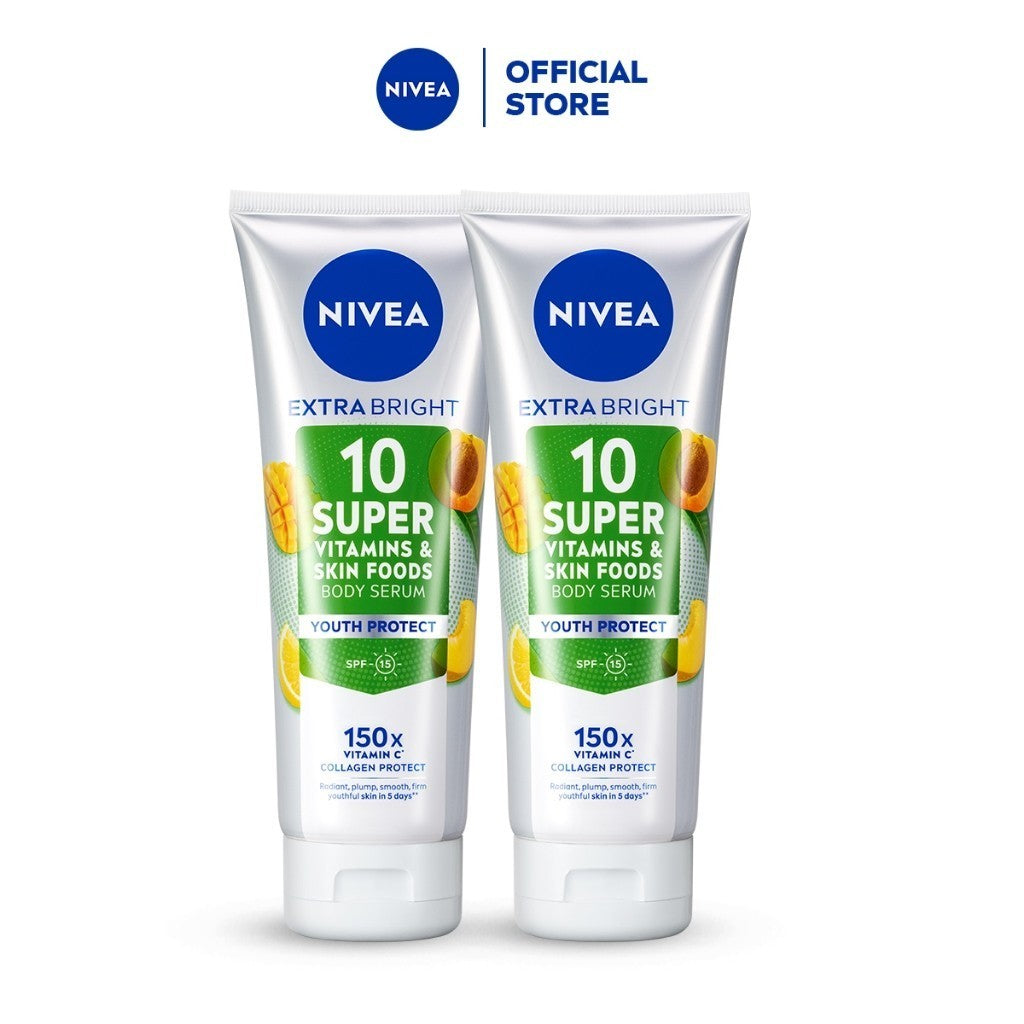 (PAKET HEMAT ISI 2) NIVEA Body Serum Extra Bright 10 Super Vitamins Youth Protect SPF15 180ml - Hand body serum lotion moisturizer mencerahkan kulit mengencangkan kulit kendur melembabkan anti aging penuaan dini - 150x Vitamin C, Collagen, antioksidan