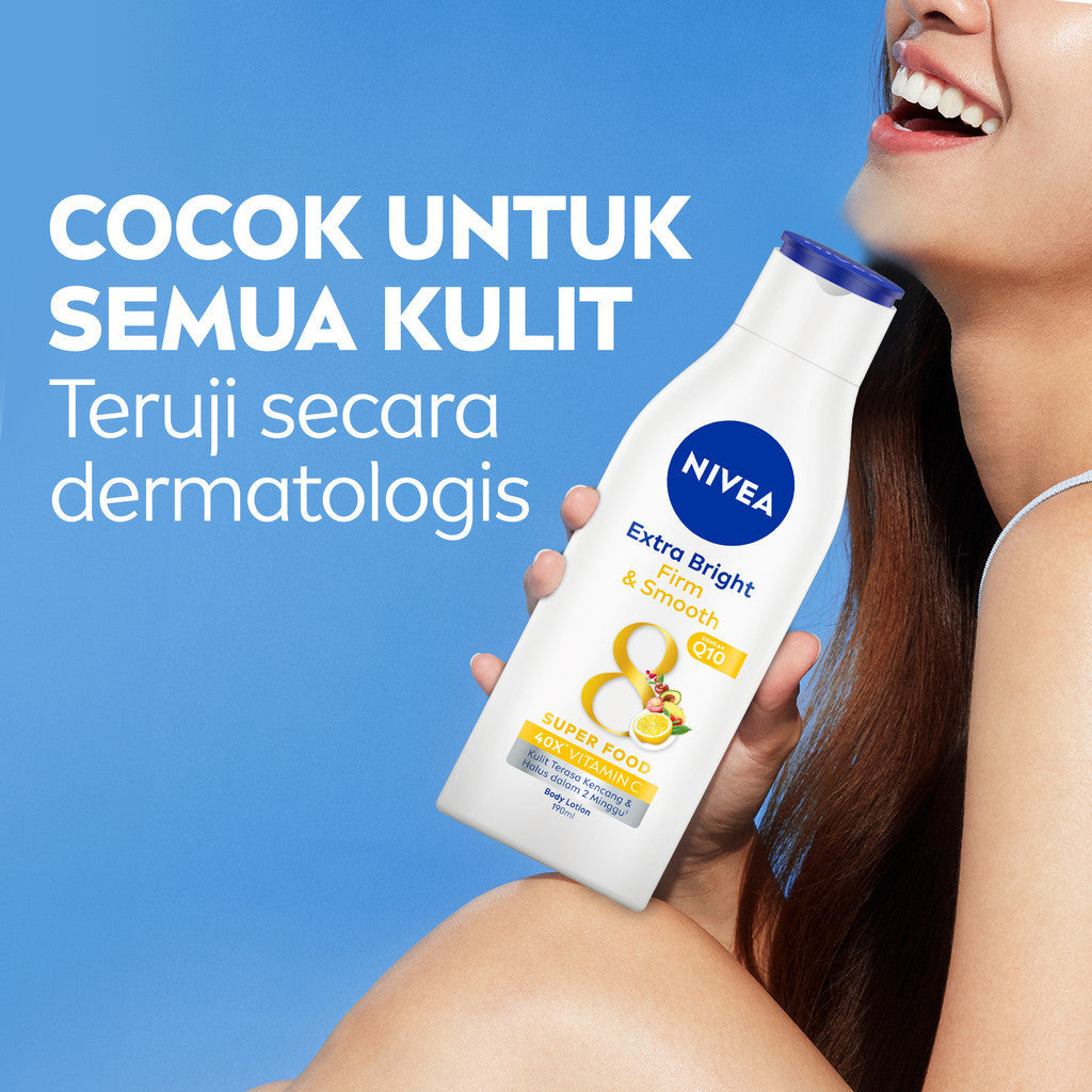 (PAKET HEMAT ISI 3) NIVEA Body Lotion Extra Bright Firm & Smooth Q10 190ml - Hand body lotion moisturizer mencerahkan kulit halus lembut badan mengencangkan kulit kendur melembabkan anti aging penuaan dini - 40x Vitamin C, UVA UVB Filter, 8 Super food