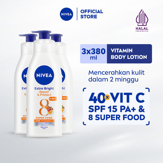 (PAKET HEMAT ISI 3) NIVEA Body Lotion Extra Bright Repair & Protect SPF15 380ml - Hand body lotion moisturizer mencerahkan kulit kusam rusak badan glowing brightening tone up melembabkan kering SPF UV sunscreen - 40x Vitamin C, Grapeseed oil, 8 Super food