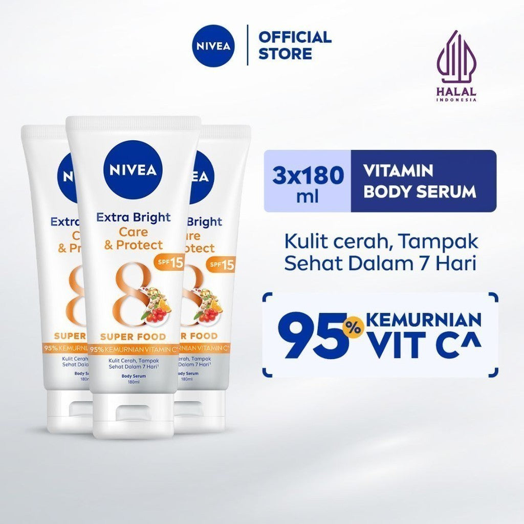 (PAKET HEMAT ISI 3) NIVEA Body Serum Extra Bright Care & Protect SPF 15 180ml - Hand body serum lotion moisturizer mencerahkan kulit kusam badan glowing brightening tone up melembabkan kering SPF UV matahari - 95% Vitamin C, Grapeseed Oil, 8 Super food