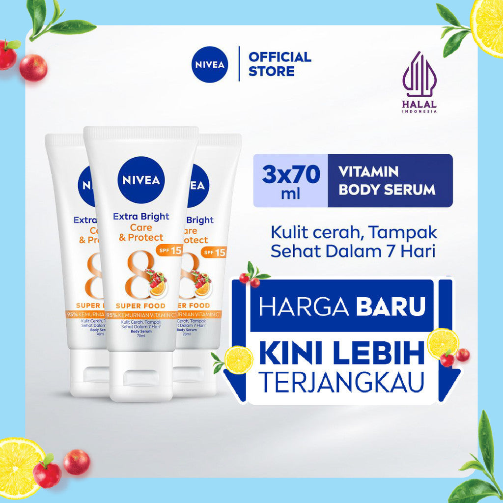 (PAKET HEMAT ISI 3) NIVEA Body Serum Extra Bright Care & Protect SPF 15 70ml - Hand body serum lotion moisturizer mencerahkan kulit kusam badan glowing brightening tone up melembabkan kering SPF UV matahari - 95% Vitamin C, Grapeseed Oil, 8 Super food