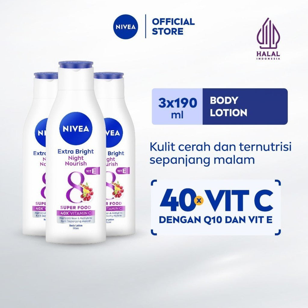 (PAKET HEMAT ISI 3) NIVEA Body Lotion Extra Bright Night Nourish Vit E 190ml - Hand body lotion moisturizer mencerahkan kulit kusam cerah badan glowing brightening tone up melembabkan kering pagi malam day & night - 40x Vitamin C, Vitamin E, 8 Super food