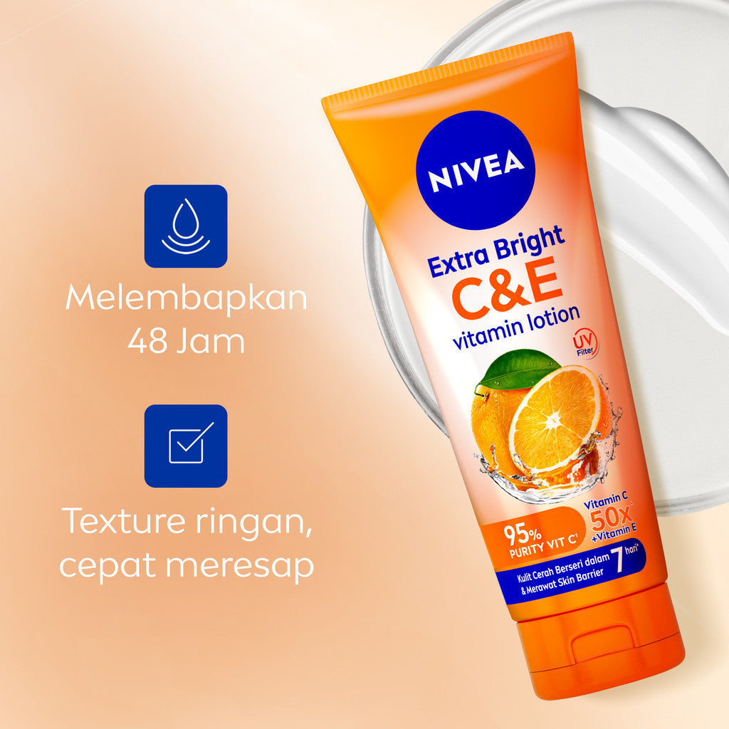 (PAKET HEMAT ISI 3) NIVEA Body Lotion Extra Bright C&E Vitamin Lotion UV Filter 180ml - Hand body serum lotion moisturizer mencerahkan kulit kusam badan glowing brightening tone up melembabkan - 50x Vitamin C & E, UVA UVB Filter