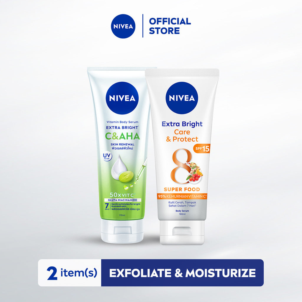 Exfoliate & Moisturize Bundle - NIVEA Body Serum Extra Bright C&AHA Skin Renewal 170ml & Care & Protect 180ml