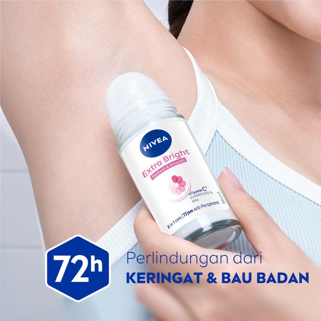 (PAKET HEMAT ISI 3) NIVEA Deodorant Roll On Extra Bright Radiant & Smooth 50ml - Deodoran wanita mencerahkan ketiak brightening glowing wangi segar seharian anti bau badan keringat - Vitamin C, Ekstrak Licorice, 0% alkohol cocok semua jenis kulit