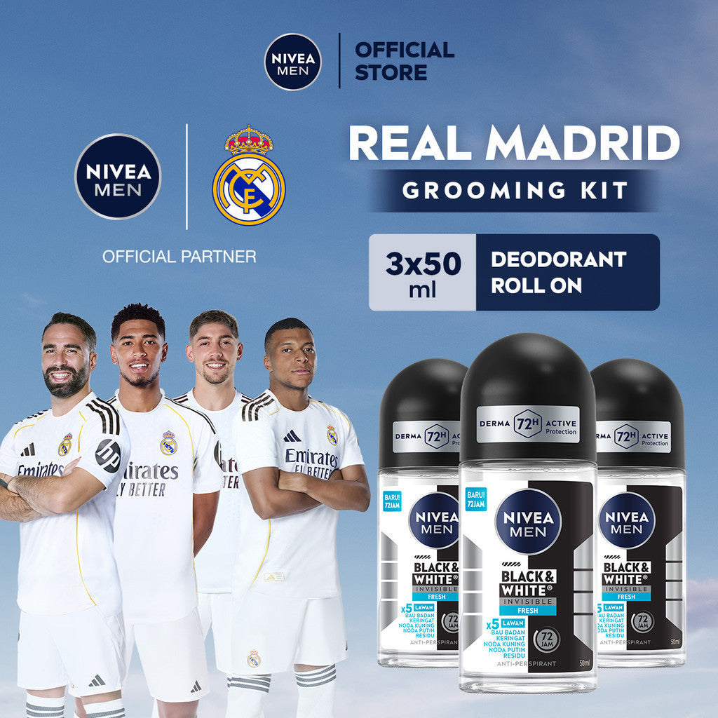 (PAKET HEMAT ISI 3) NIVEA MEN Deodorant Roll On Black & White Invisible Fresh 50ml - Deodoran pria melawan bakteri keringat bau badan teknologi anti noda kuning putih dan residu wangi maskulin segar 72 jam - Antiperspiran, tidak mengandung ethyl alkohol