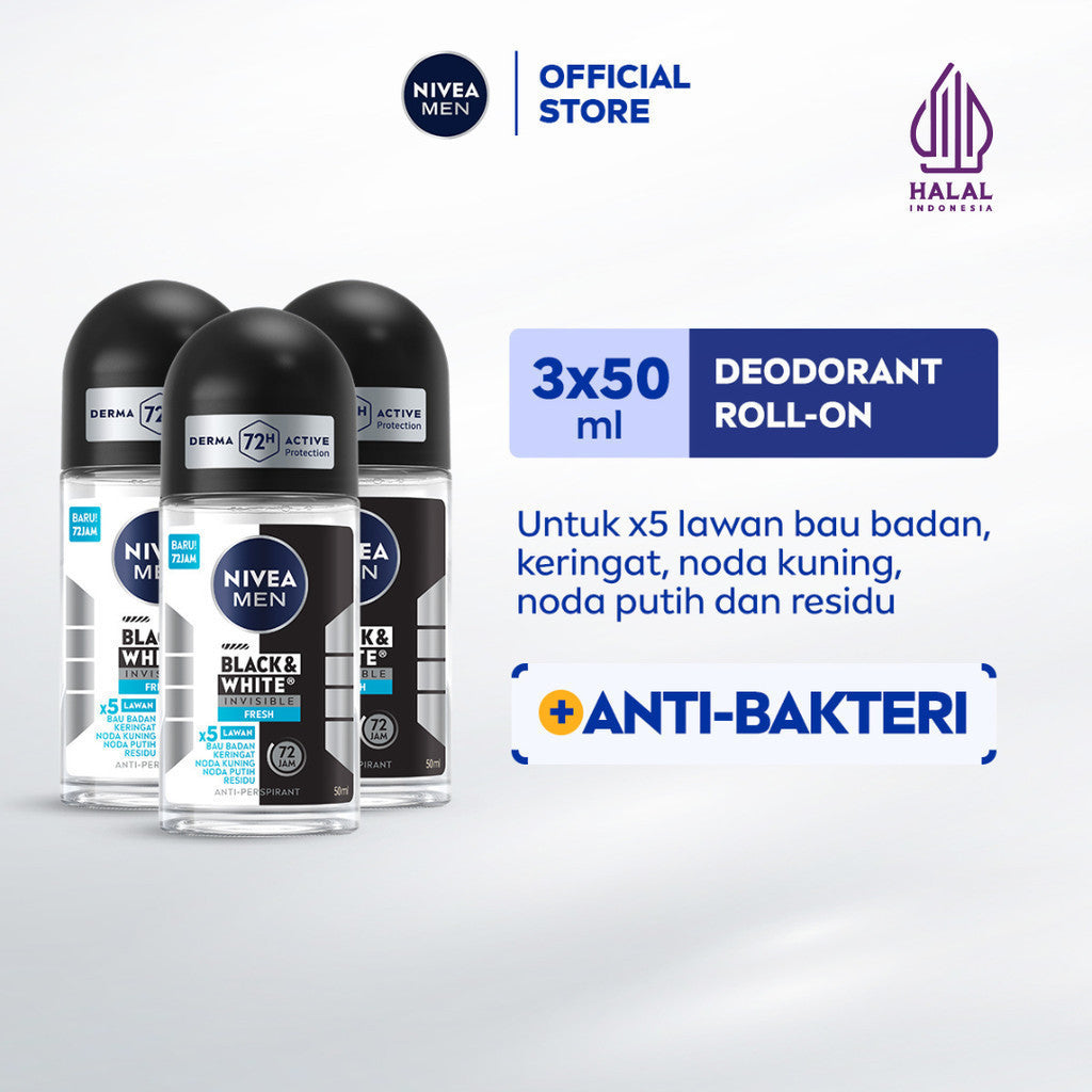 (PAKET HEMAT ISI 3) NIVEA MEN Deodorant Roll On Black & White Invisible Fresh 50ml - Deodoran pria melawan bakteri keringat bau badan teknologi anti noda kuning putih dan residu wangi maskulin segar 72 jam - Antiperspiran, tidak mengandung ethyl alkohol