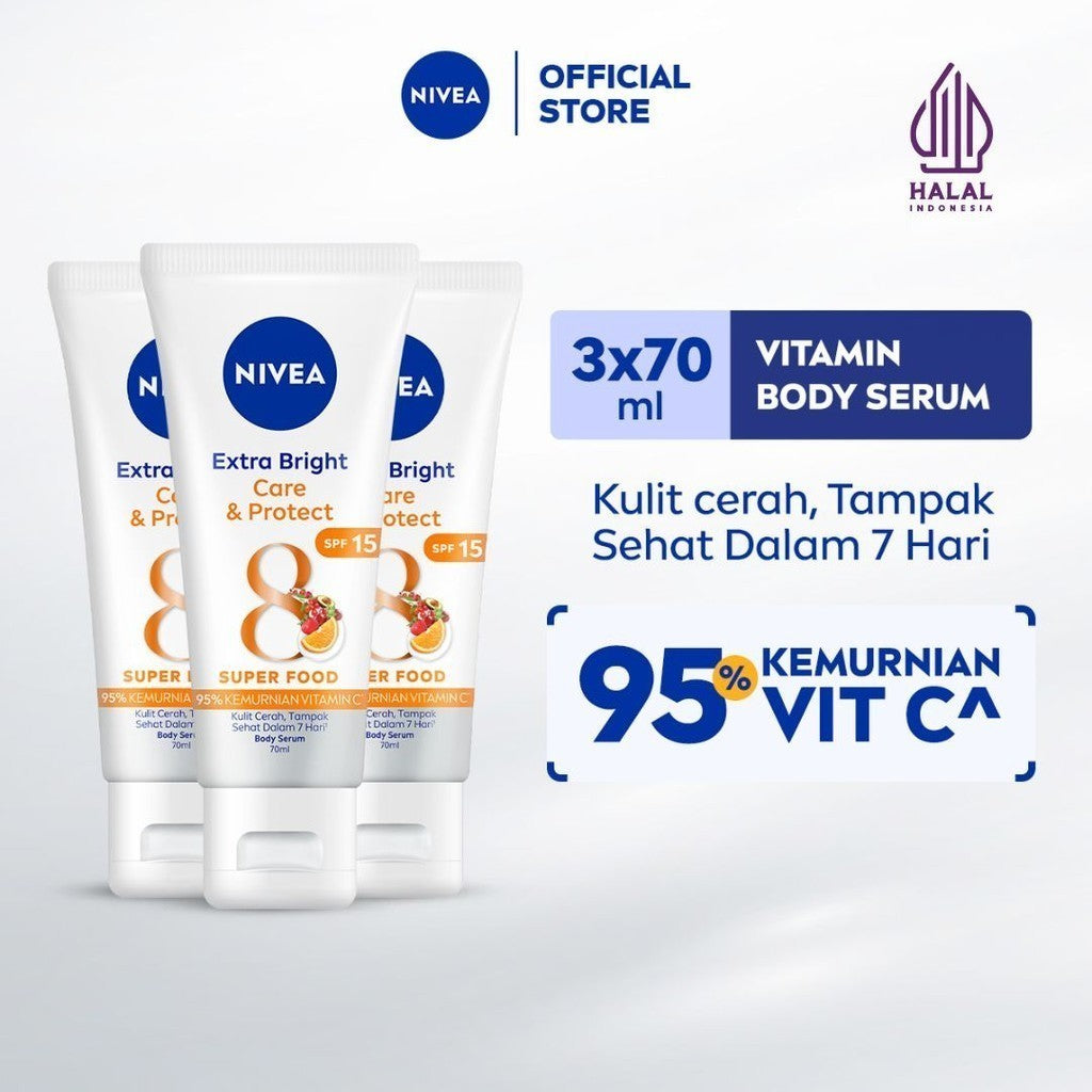 (PAKET HEMAT ISI 3) NIVEA Body Serum Extra Bright Care & Protect SPF 15 70ml - Hand body serum lotion moisturizer mencerahkan kulit kusam badan glowing brightening tone up melembabkan kering SPF UV matahari - 95% Vitamin C, Grapeseed Oil, 8 Super food