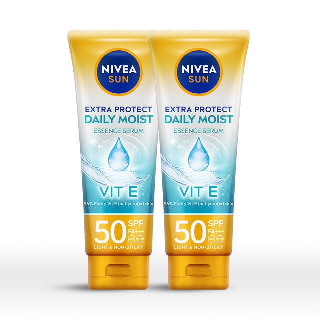 (PAKET HEMAT ISI 2) NIVEA SUN Sunscreen Body Serum Daily Glow Essence Serum SPF50+ PA+++ 180ml - Sunscreen badan sunblock melembapkan lembab SPF UV lightweight tekstur ringan cepat meresap tidak lengket no whitecast blue light polusi - 96% Vitamin E
