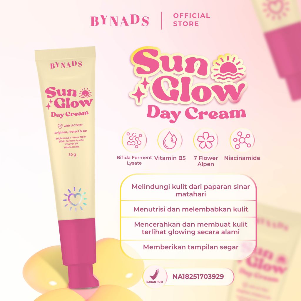 [2PCS] Bynads Sun Glow Day Cream with SPF UV Filter Tone Up Cream Brighten Protect and Go Cream Siang Wajah 30g By Bynads
