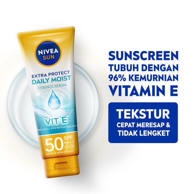 (PAKET HEMAT ISI 2) NIVEA SUN Sunscreen Body Serum Daily Glow Essence Serum SPF50+ PA+++ 180ml - Sunscreen badan sunblock melembapkan lembab SPF UV lightweight tekstur ringan cepat meresap tidak lengket no whitecast blue light polusi - 96% Vitamin E