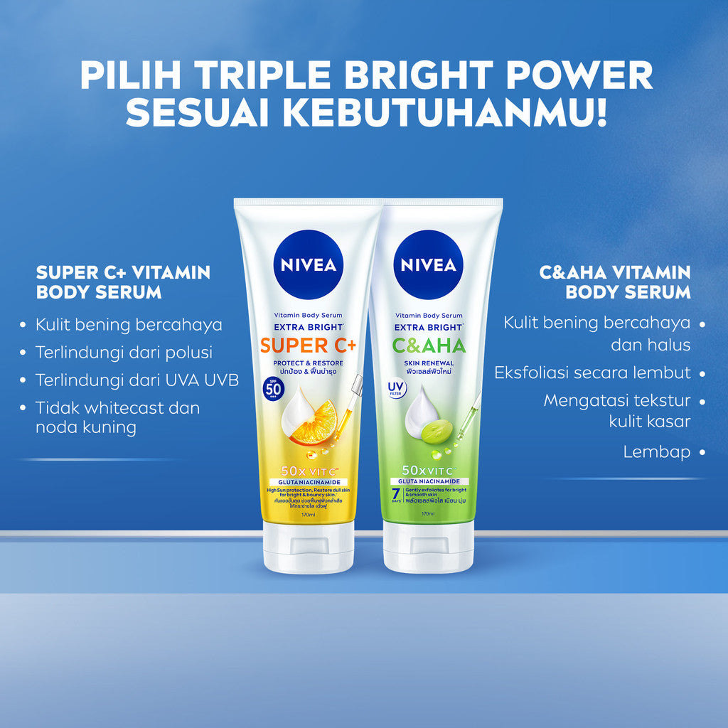 (PAKET HEMAT ISI 2) NIVEA Body Serum Extra Bright Super C+ SPF50+ PA+++ 170ml - Hand body serum lotion mencerahkan kulit kusam bening badan glowing brightening melembabkan kering SPF UV matahari harian tidak lengket - Vitamin C, Niacinamide, Glutathione