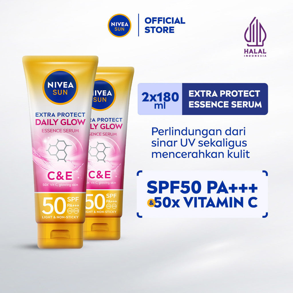 (PAKET HEMAT ISI 2) NIVEA SUN Sunscreen Body Serum Daily Glow Essence Serum SPF50+ PA+++ 180ml - Sunscreen badan sunblock mencerahkan SPF UV lightweight tekstur ringan cepat meresap tidak lengket no whitecast blue light polusi - 50x Vitamin C, Vitamin E