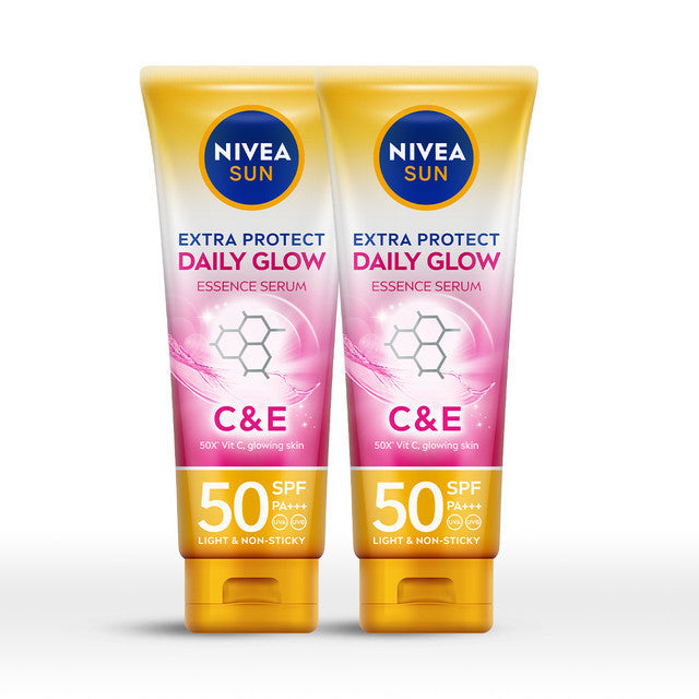 (PAKET HEMAT ISI 2) NIVEA SUN Sunscreen Body Serum Daily Glow Essence Serum SPF50+ PA+++ 180ml - Sunscreen badan sunblock mencerahkan SPF UV lightweight tekstur ringan cepat meresap tidak lengket no whitecast blue light polusi - 50x Vitamin C, Vitamin E
