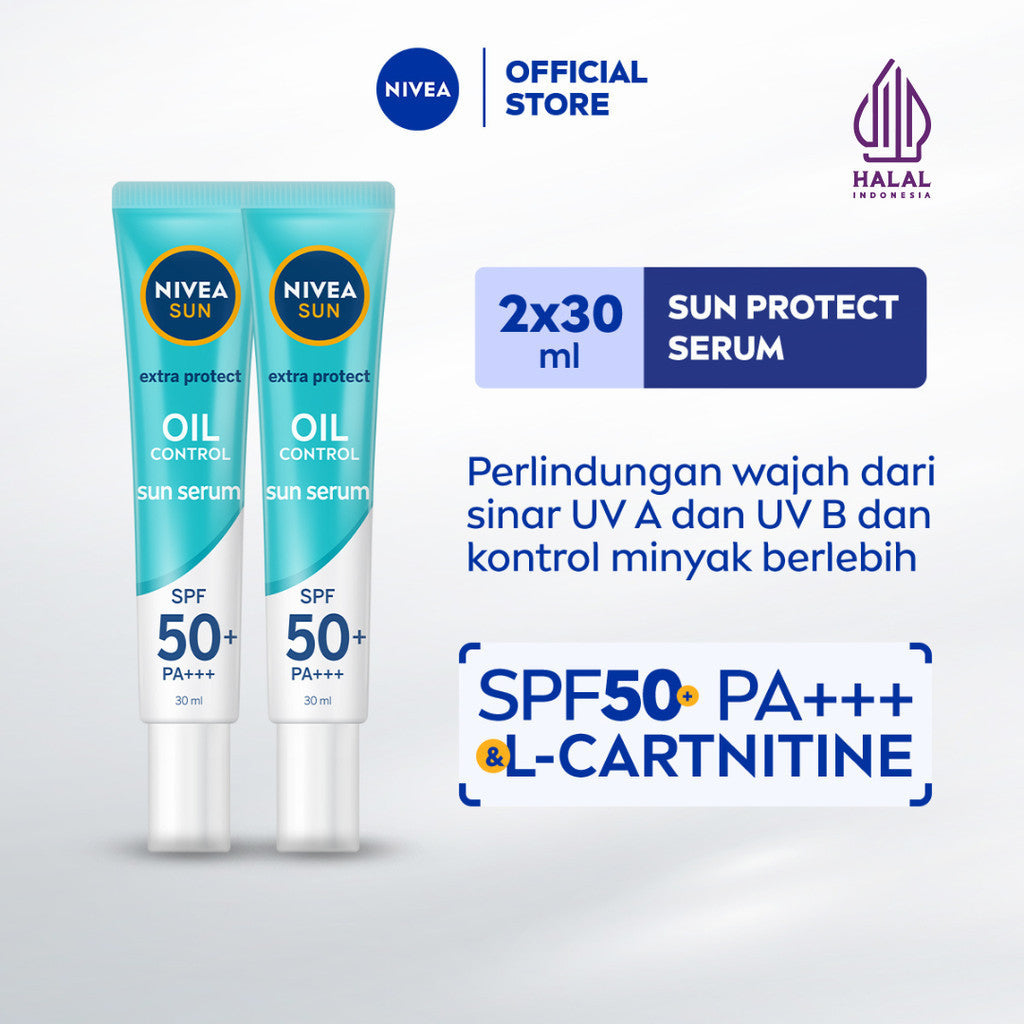 (PAKET HEMAT ISI 2) NIVEA SUN Sunscreen Face Serum Extra Protect Oil Control SPF50+ PA+++ 30ml - Sunscreen wajah serum sunblock tidak berminyak SPF UV lightweight gel tekstur ringan cepat meresap tidak lengket no whitecast - L-Carnitine