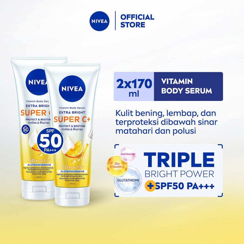 (PAKET HEMAT ISI 2) NIVEA Body Serum Extra Bright Super C+ SPF50+ PA+++ 170ml - Hand body serum lotion mencerahkan kulit kusam bening badan glowing brightening melembabkan kering SPF UV matahari harian tidak lengket - Vitamin C, Niacinamide, Glutathione