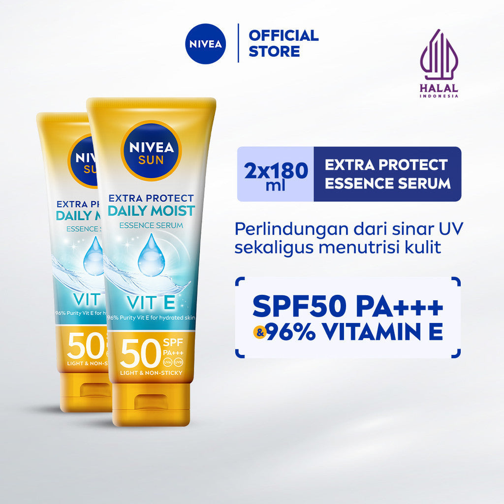 (PAKET HEMAT ISI 2) NIVEA SUN Sunscreen Body Serum Daily Glow Essence Serum SPF50+ PA+++ 180ml - Sunscreen badan sunblock melembapkan lembab SPF UV lightweight tekstur ringan cepat meresap tidak lengket no whitecast blue light polusi - 96% Vitamin E