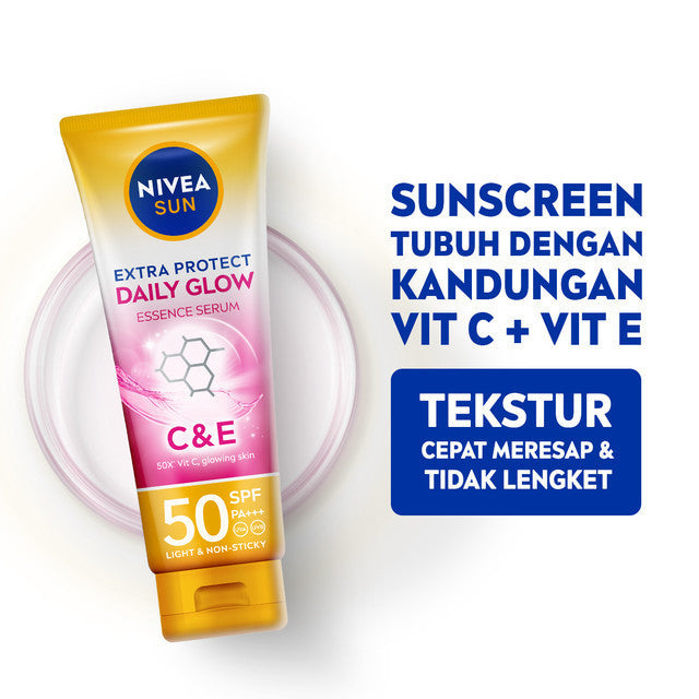 (PAKET HEMAT ISI 2) NIVEA SUN Sunscreen Body Serum Daily Glow Essence Serum SPF50+ PA+++ 180ml - Sunscreen badan sunblock mencerahkan SPF UV lightweight tekstur ringan cepat meresap tidak lengket no whitecast blue light polusi - 50x Vitamin C, Vitamin E