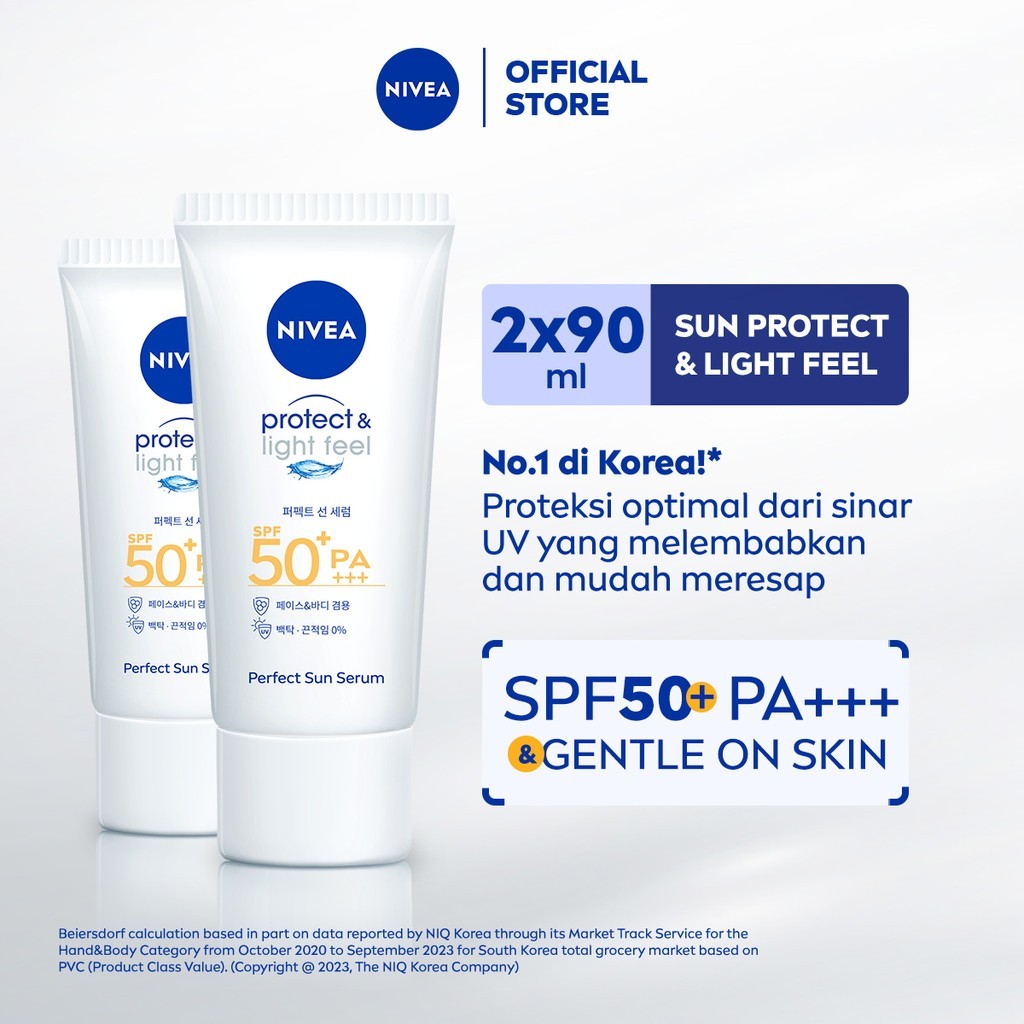 (PAKET HEMAT ISI 2) NIVEA SUN Sunscreen Face Serum Protect & Light Feel SPF50+ PA+++ 90ml - Sunscreen wajah serum sunblock korea sunranghaeyo cocok kulit sensitif SPF UV lightweight tekstur ringan cepat meresap tidak lengket no whitecast - No 1 Korea