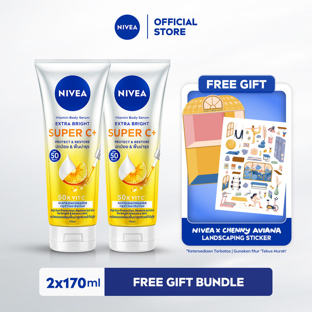 (PAKET HEMAT ISI 2) NIVEA Body Serum Extra Bright Super C+ SPF50+ PA+++ 170ml - Hand body serum lotion mencerahkan kulit kusam bening badan glowing brightening melembabkan kering SPF UV matahari harian tidak lengket - Vitamin C, Niacinamide, Glutathione