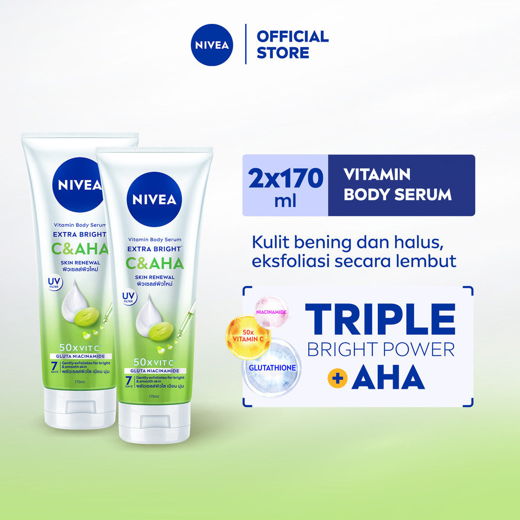 (PAKET HEMAT ISI 2) NIVEA Body Serum Extra Bright C&AHA UV Filter 170ml - Hand body serum lotion eksfoliasi halus gentle exfoliating mencerahkan kulit bening brightening melembabkan kering harian tidak lengket - Vitamin C, Niacinamide, Glutathione, AHA