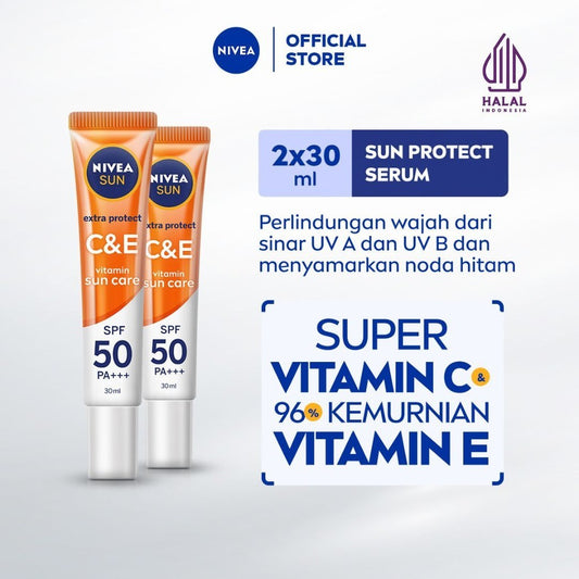 (PAKET HEMAT ISI 2) NIVEA SUN Sunscreen Face Serum Extra Protect C&E SPF50+ PA+++ 30ml - Sunscreen wajah serum sunblock mencerahkan brightening tone up SPF UV lightweight gel tekstur ringan cepat meresap tidak lengket no whitecast - Vitamin C, Vitamin E