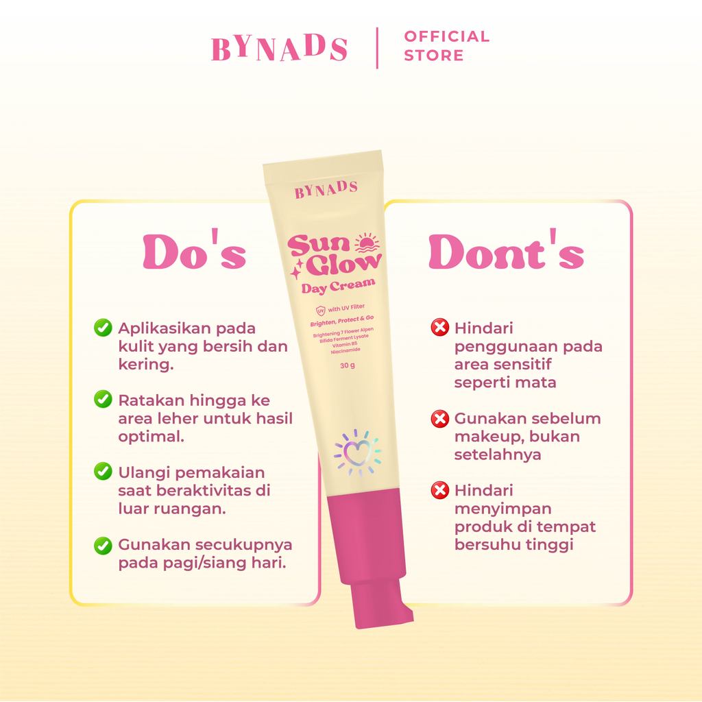 [2PCS] Bynads Sun Glow Day Cream with SPF UV Filter Tone Up Cream Brighten Protect and Go Cream Siang Wajah 30g By Bynads
