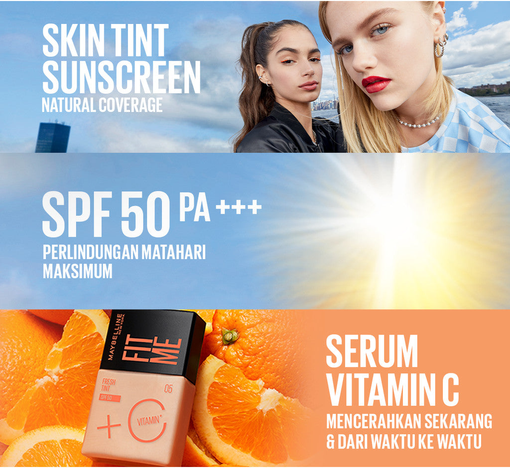 MAYBELLINE OFFICIAL Fit Me Fresh Tint 3 IN 1 30ml Skin Tint Foundation Tinted Sunscreen SPF 50 PA+++ Vitamin C Serum Face Makeup Natural Cushion Foundation Bedak Padat Concealer BB Cream Foundation Waterproof Skin Tint Fondation Sunblock