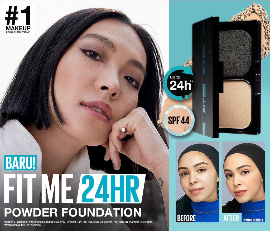 MAYBELLINE OFFICIAL Fit Me 24HR Oil Control Powder Foundation 5 gr Make up Bedak Two Way Cake TWC SPF 44 Blur & Cover Cushion Foundation Bedak Padat Concealer BB Cream Foundation Waterproof Skin Tint Fondation