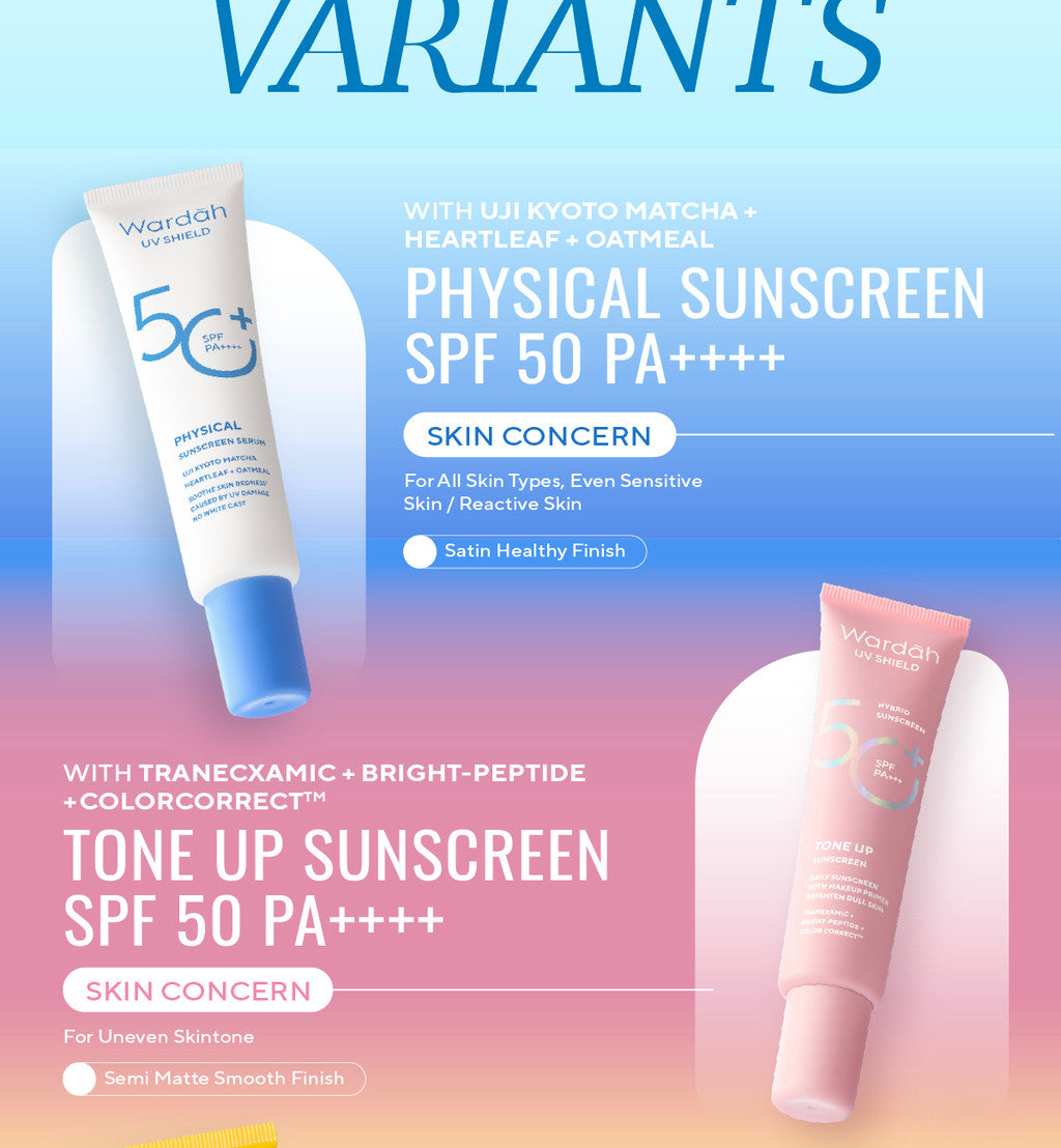 TWINPACK Wardah UV Shield Airy Smooth, Acne Calming, Aqua Fresh, Essential, Tone Up, Physical Sunscreen - Skincare