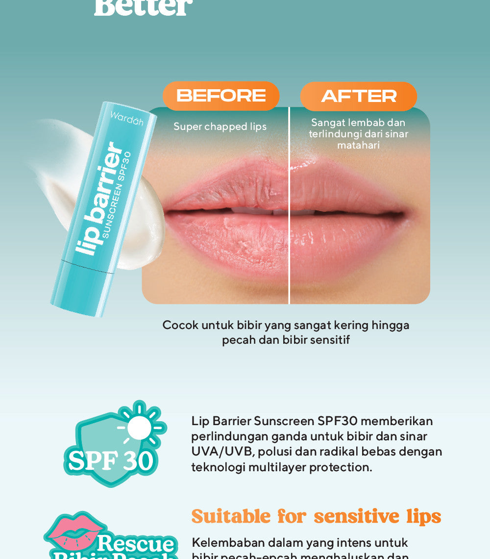[LIPCARE SUN PROTECTION] WARDAH Lip Barrier Sunscreen SPF 30 PA+++ - Pelembab Bibir 24 Jam - Lip Balm, Lip Therapy, Lip Care, Hydrating - Petrolatum Murni 100% - Memperbaiki, Meregenerasi Sel Kulit Bibir, Menghidrasi, Mengatasi Bibir Pecah - Makeup