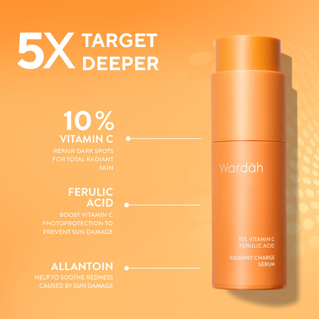 WARDAH 10% Vitamin C + Ferulic Acid Radiant Charge Serum 20 ml - Brightening Serum yang Menghilangkan dan Mencegah Noda Hitam Tak Terlihat untuk Kulit Cerah Lebih Lama - Skincare