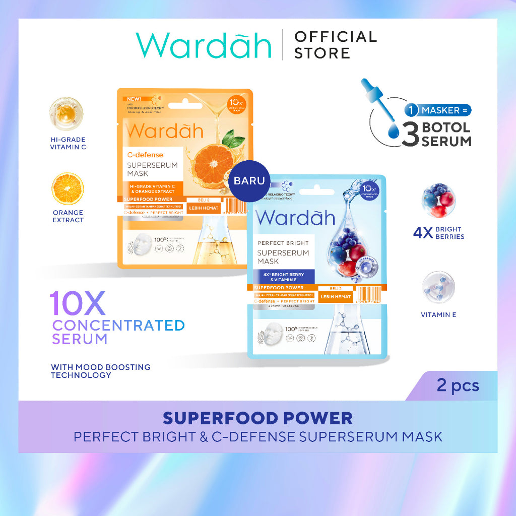 WARDAH SuperSerum Mask x2 – C-defense & Perfect Bright 2x20 ml - Paket Isi 2 Superfood Sheet Mask - Skincare