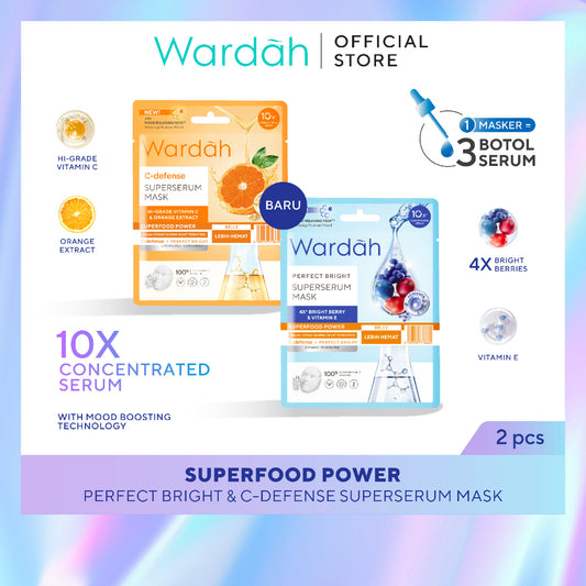 WARDAH SuperSerum Mask x2 – C-defense & Perfect Bright 2x20 ml - Paket Isi 2 Superfood Sheet Mask - Skincare