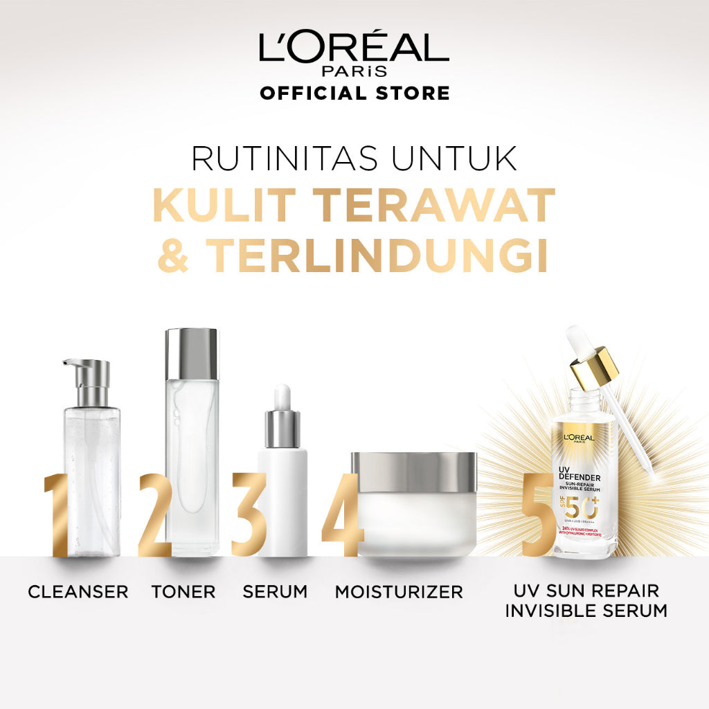 L'Oreal Paris UV Serum Sunscreen SPF 50+ PA++++ - UV Defender Sun-Repair Invisible Serum 2-in-1 Skincare 30ml, Sun Screen, sunblock, suncream, anti aging, loreal sunscreen, serum brightening mencerahkan wajah