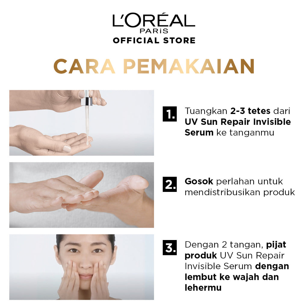 L'Oreal Paris UV Serum Sunscreen SPF 50+ PA++++ - UV Defender Sun-Repair Invisible Serum 2-in-1 Skincare 30ml, Sun Screen, sunblock, suncream, anti aging, loreal sunscreen, serum brightening mencerahkan wajah