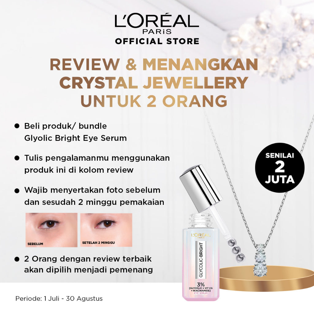 L'Oreal Paris Glycolic Bright Dark Circle Eye Serum + Glycolic Bright Glowing Night Cream Skincare Kit (Menyamarkan Mata Panda dengan 3% Bahan Aktif - Glycolic + Niacinamide + Vit CG)