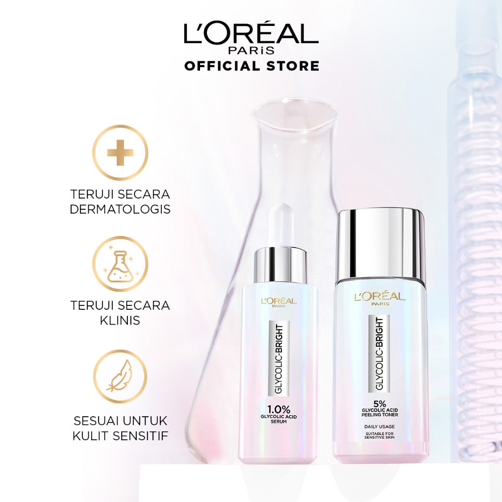 L'Oreal Paris Glycolic Bright Glowing - Toner 65ml & Serum 15ml - Kulit Cerah, Glowing & Noda Hitam Tersamarkan   Kulit Kusam, Noda Hitam, Bekas Jerawat, Eksfoliasi  Brightening