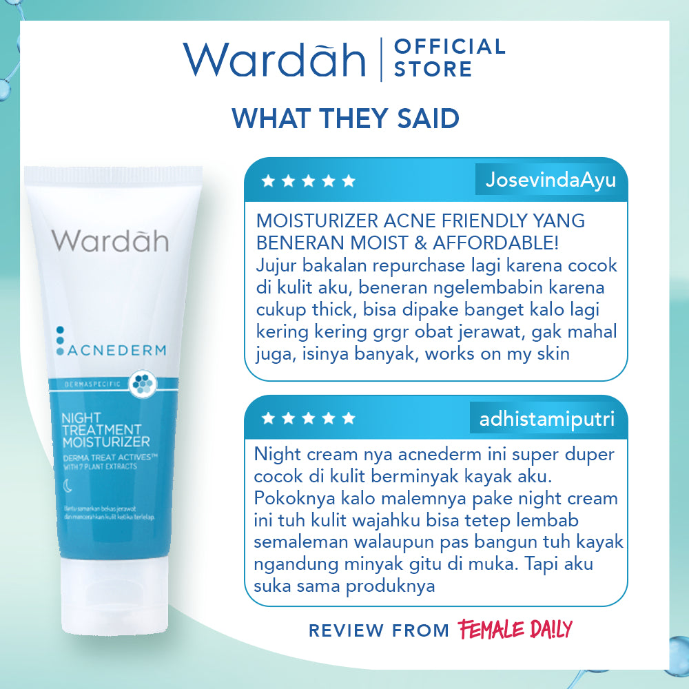 WARDAH Acnederm Night Treatment Moisturizer 40 ml - Pelembab Wajah Berjerawat dengan BHA - Krim Malam untuk Mencerahkan Kulit - Untuk Semua Jenis Kulit - Skincare