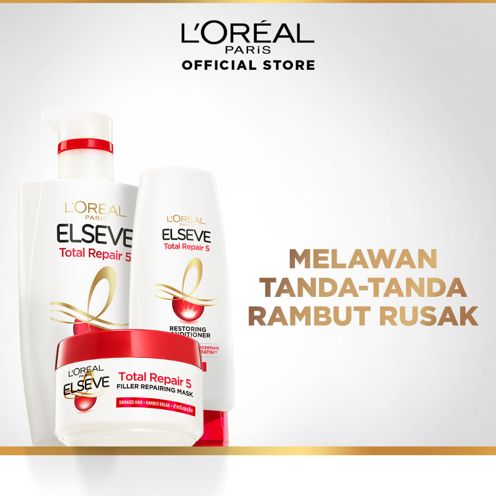 [PAKET HEMAT] L'Oreal Paris Elseve Total Repair 5 Rangkaian Perawatan Dengan Ceramide Lengkap Untuk 5 Tanda Kerusakan Rambut (Shampoo 410ml, Kondisioner 155ml, & Masker 200ml)