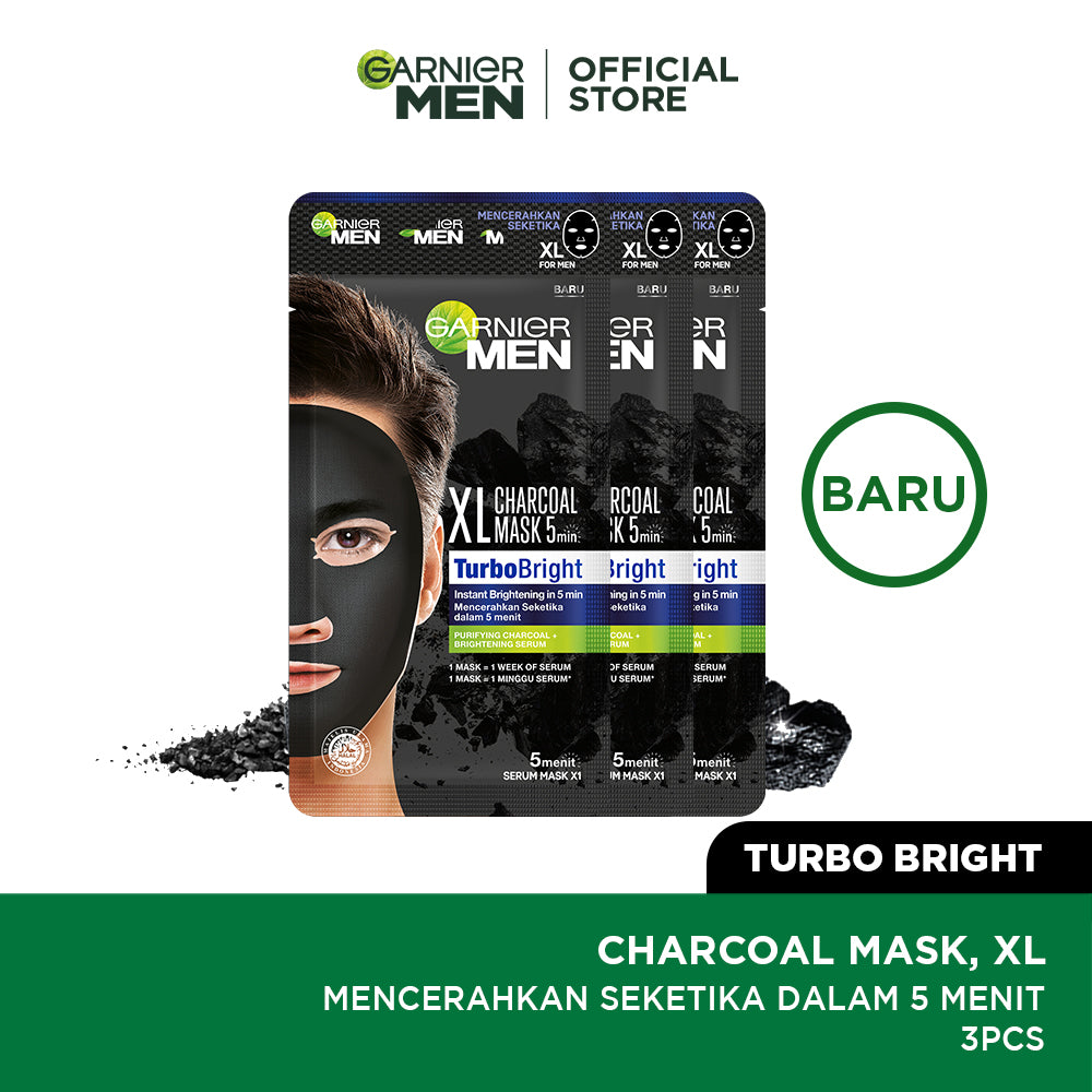 (PAKET HEMAT ISI 3) Garnier Men Masker Wajah Turbo Bright XL Charcoal Tissue Mask (Masker Perawatan Wajah Pria Tampak Lebih Cerah dalam 15 Menit!)