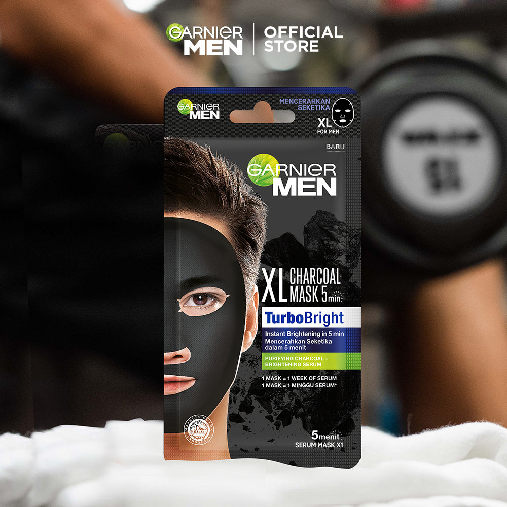 (PAKET HEMAT ISI 3) Garnier Men Masker Wajah Turbo Bright XL Charcoal Tissue Mask (Masker Perawatan Wajah Pria Tampak Lebih Cerah dalam 15 Menit!)
