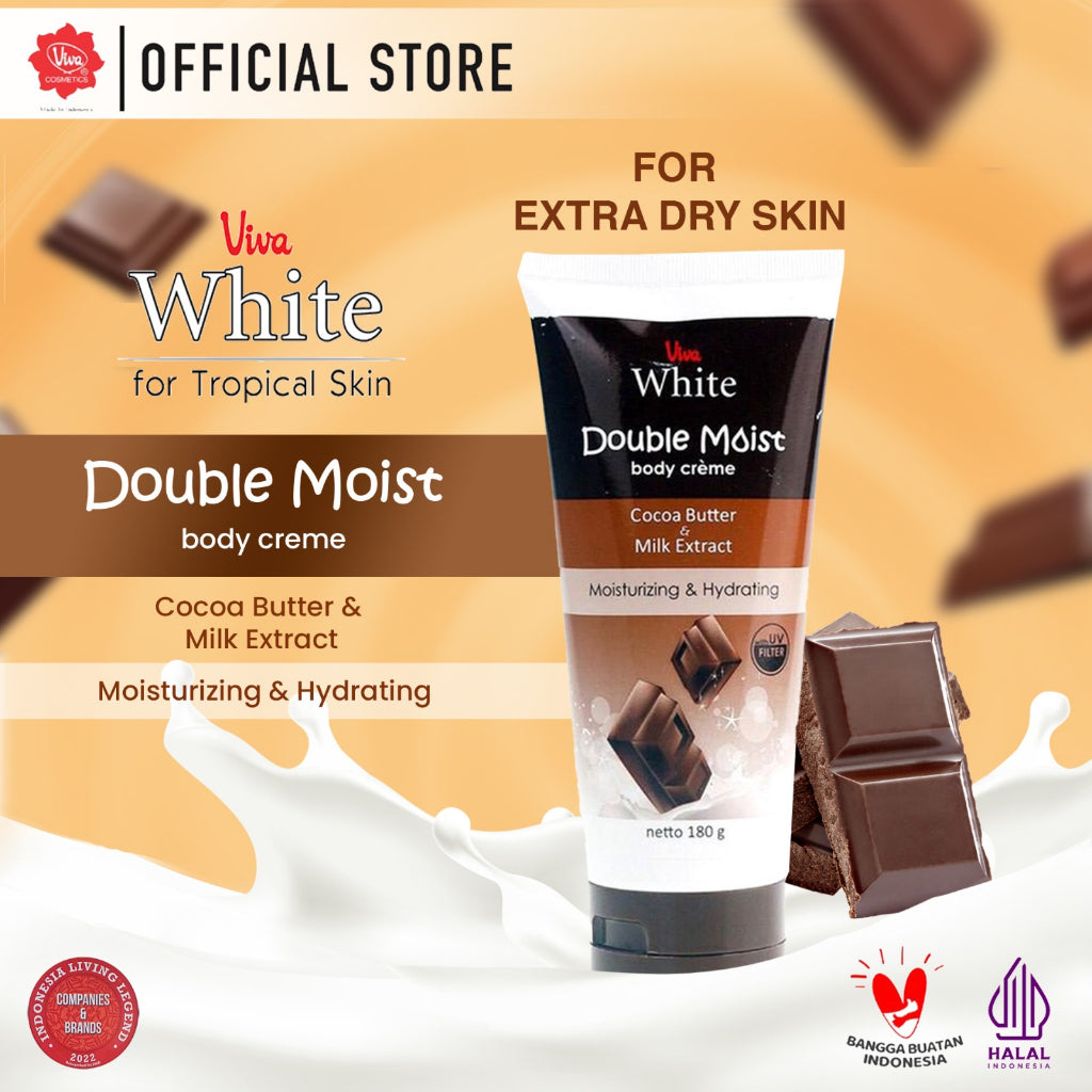 Viva White Double MOISTURIZING & HYDRATING Body Creme with Moisturizer, Cocoa Butter, Milk Extract & UV FILTER - 180gr
