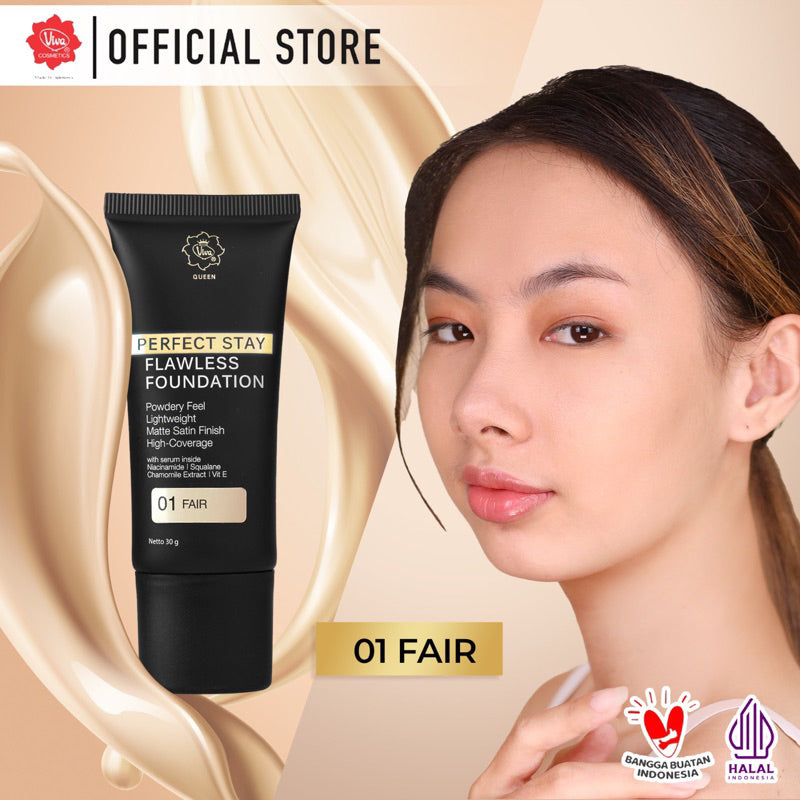 Viva Queen Perfect Stay SERUM Flawless Foundation with NIACINAMIDE, UV FILTER, VIT E & Chamomile Extract (30gr) – High Coverage, Transferproof, Lightweight & Matte Satin Finish (tersedia 5 varian warna)