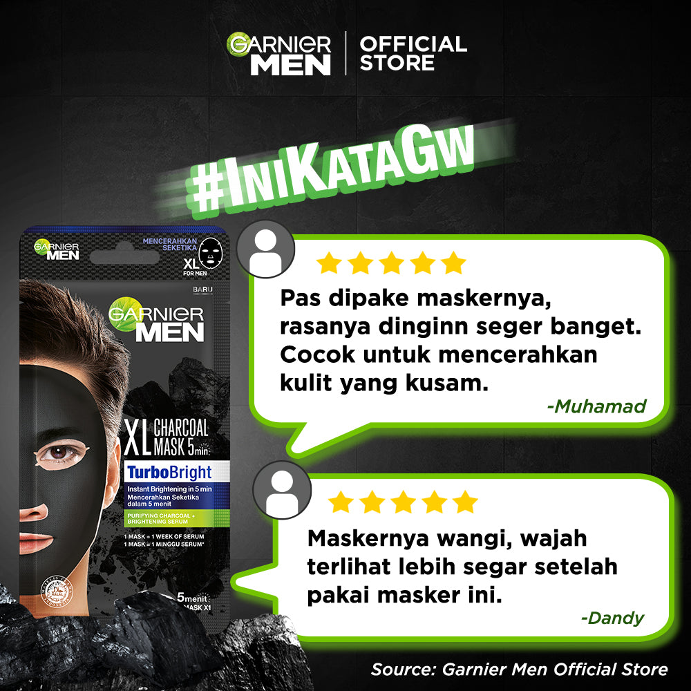 (PAKET HEMAT ISI 3) Garnier Men Masker Wajah Turbo Bright XL Charcoal Tissue Mask (Masker Perawatan Wajah Pria Tampak Lebih Cerah dalam 15 Menit!)
