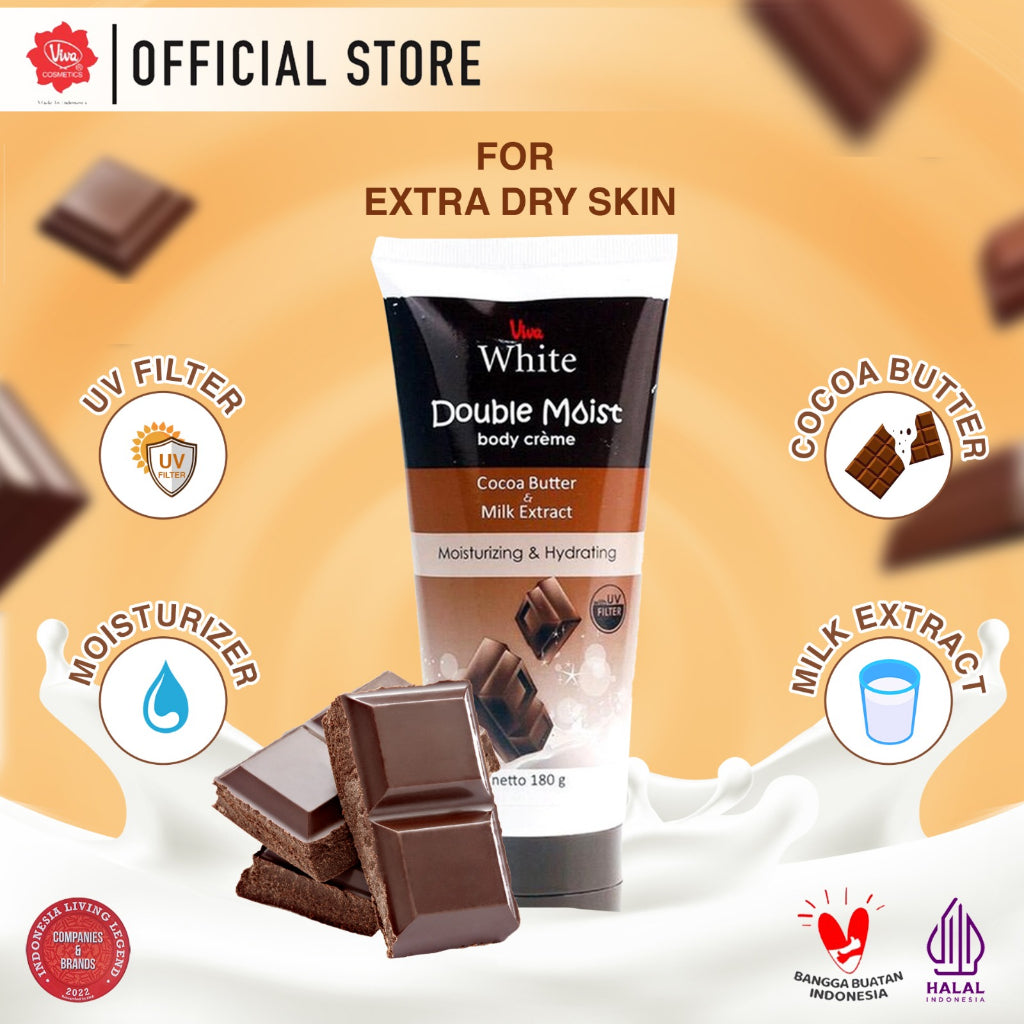 Viva White Double MOISTURIZING & HYDRATING Body Creme with Moisturizer, Cocoa Butter, Milk Extract & UV FILTER - 180gr
