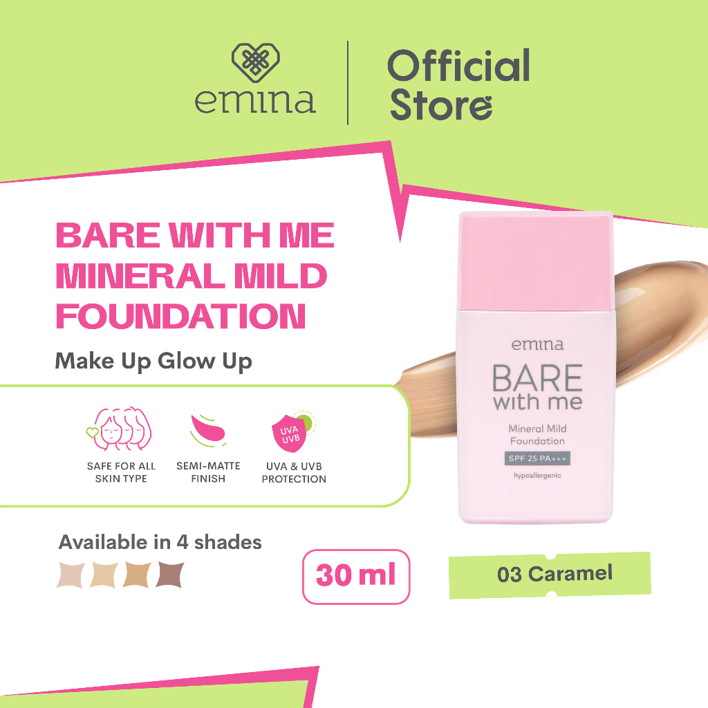 Emina Bare with Me Mineral Mild Foundation 30 mL - Semi Matte Finish, Perlindungan terhadap Sinar UV