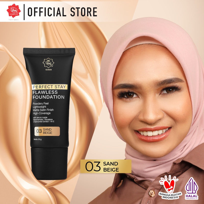 Viva Queen Perfect Stay SERUM Flawless Foundation with NIACINAMIDE, UV FILTER, VIT E & Chamomile Extract (30gr) – High Coverage, Transferproof, Lightweight & Matte Satin Finish (tersedia 5 varian warna)