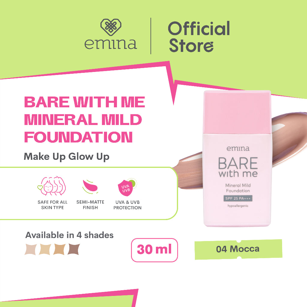 Emina Bare with Me Mineral Mild Foundation 30 mL - Semi Matte Finish, Perlindungan terhadap Sinar UV