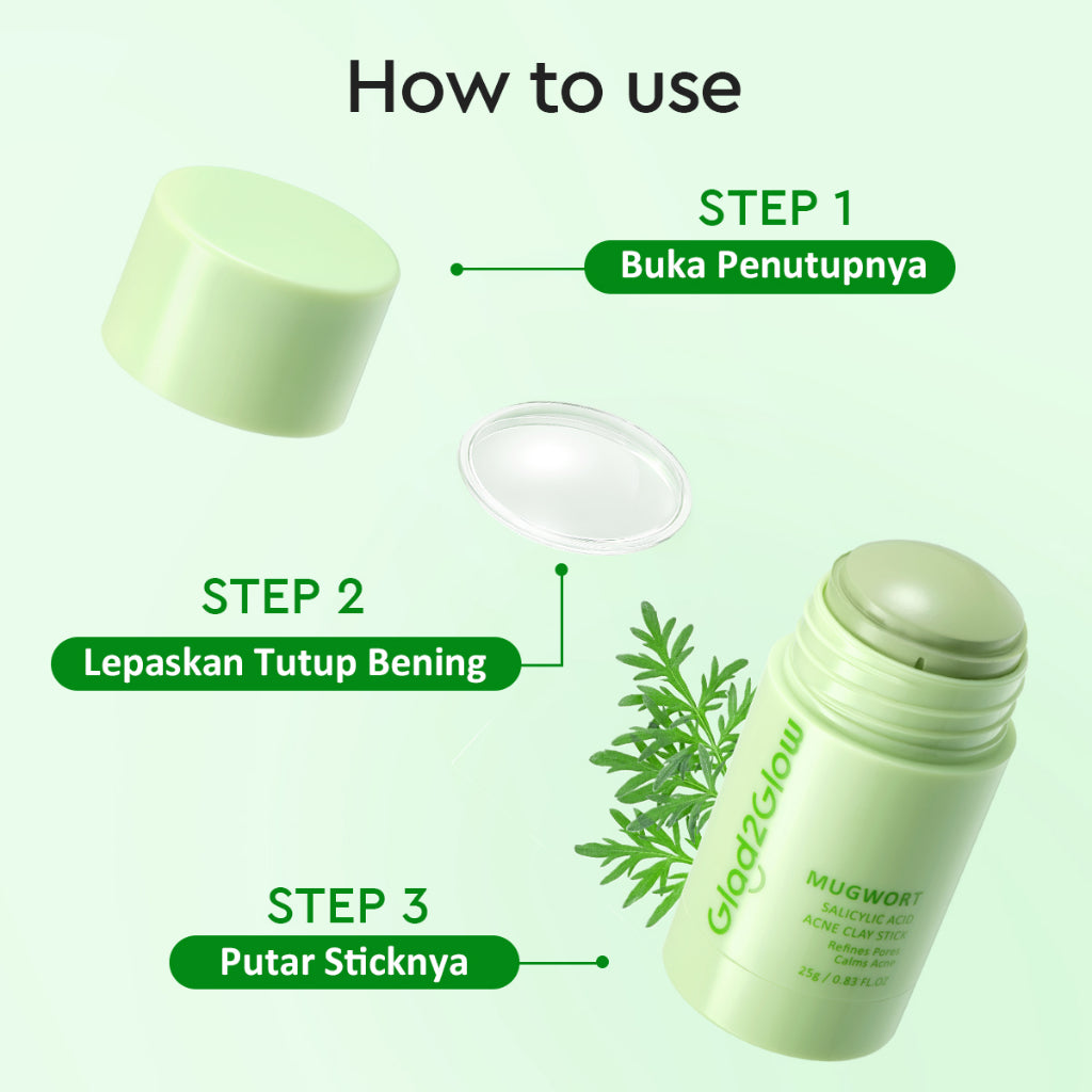 Glad2Glow Mugwort Salicylic Acid Acne Clay Stick Masker Wajah Masker Jerawat Masker Acne Masker Stick Glad2Glow Clay Stik G2G Masker Hijau Anti Pores Acne Jerawat Komedo Cleansing Masker Centella Mud Mask Facial Masker Mugwort Mask G2Glow Official Store
